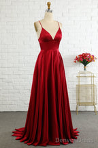 Simple A Line Spaghetti Straps Burgundy Long Prom Dresses with Cirss Cross Back