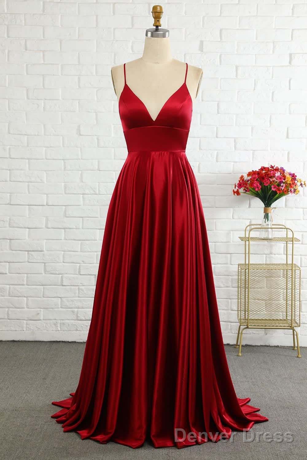 Simple A Line Spaghetti Straps Burgundy Long Prom Dresses with Cirss Cross Back Main image