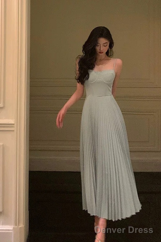 Simple A Line Spaghetti Straps Dusty Blue Prom Dresses Birthday Outfits Prom Gowns