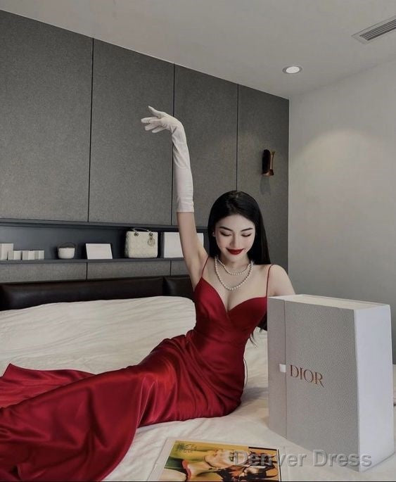 Simple A Line Spaghetti Straps Sleeveless Satin Red Prom Dresses Long Prom Dress