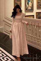 Simple A Line Square Neckline Long Sleeves Ankle Length Prom Dresses Birthday Outfits
