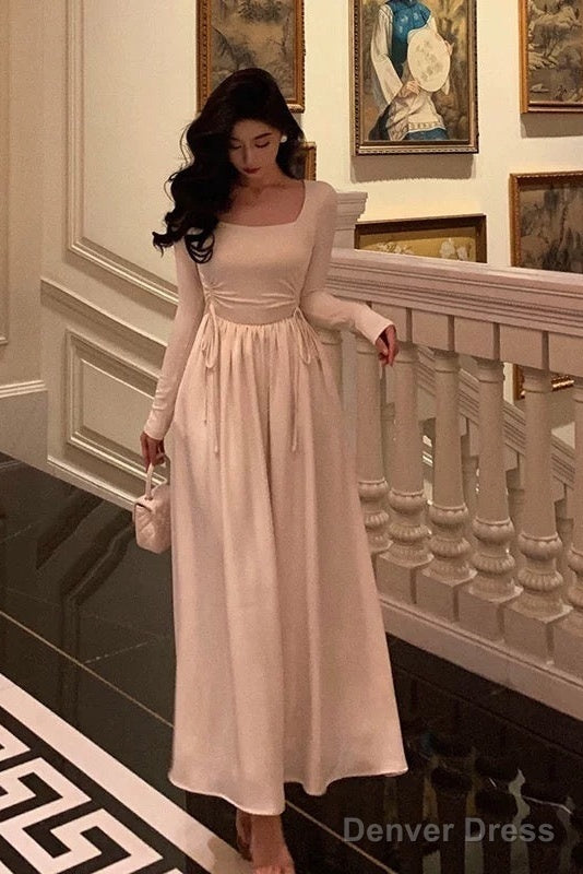 Simple A Line Square Neckline Long Sleeves Ankle Length Prom Dresses Birthday Outfits