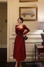 Simple A Line Square Neckline Long Sleeves Red Prom Dresses Birthday Dress