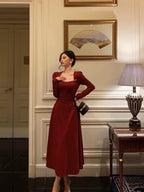 Simple A Line Square Neckline Long Sleeves Red Prom Dress Birthday Dresses
