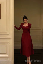 Simple A Line Square Neckline Long Sleeves Red Prom Dresses Birthday Dress