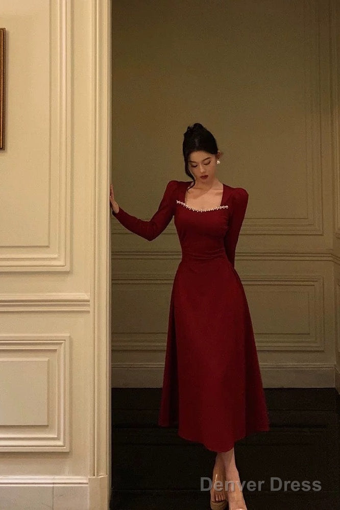 Simple A Line Square Neckline Long Sleeves Red Prom Dresses Birthday Dress