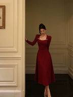 Simple A Line Square Neckline Long Sleeves Red Prom Dress Birthday Dresses