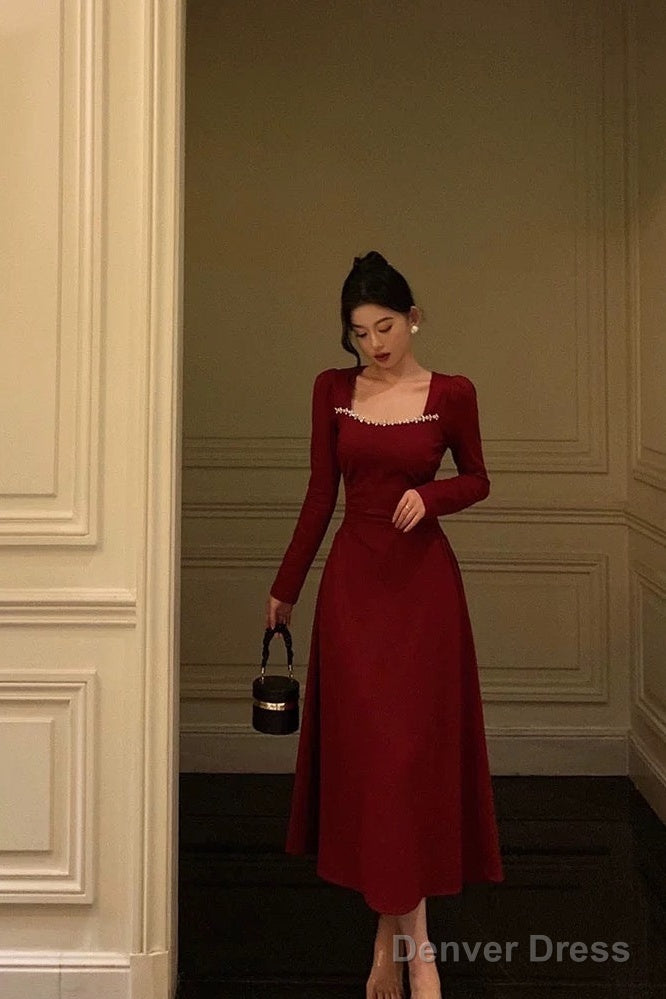 Simple A Line Square Neckline Long Sleeves Red Prom Dresses Birthday Dress