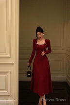 Simple A Line Square Neckline Long Sleeves Red Prom Dress Birthday Dresses