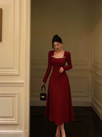 Simple A Line Square Neckline Long Sleeves Red Prom Dress Birthday Dresses