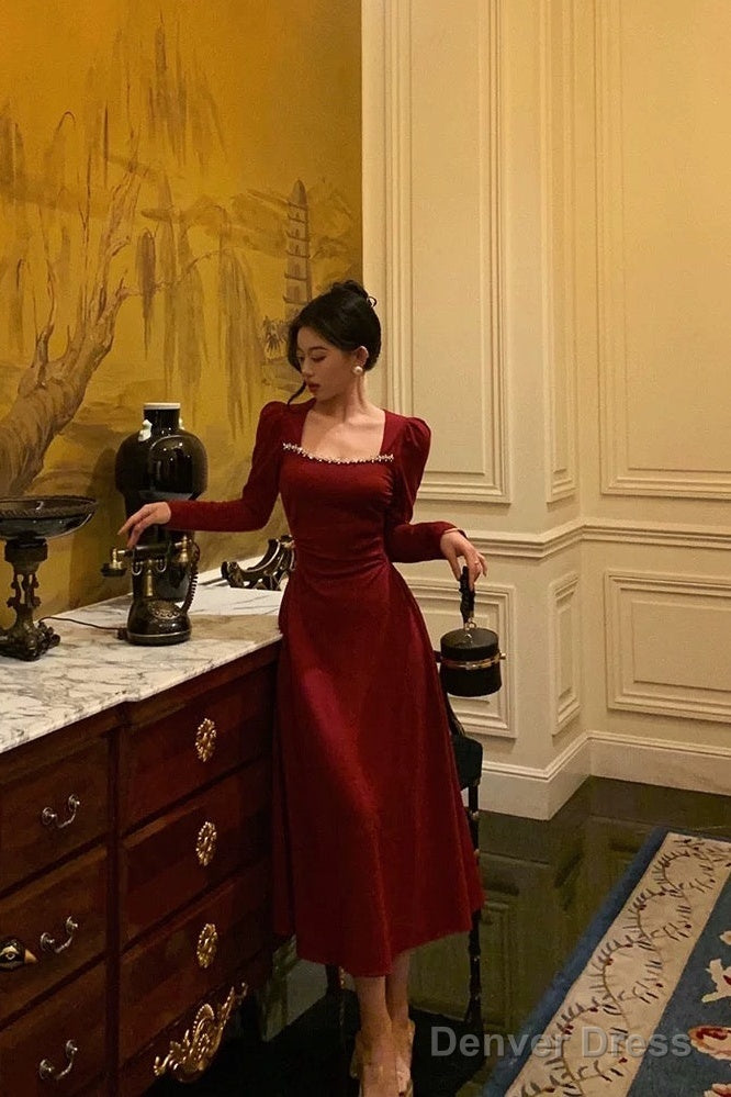Simple A Line Square Neckline Long Sleeves Red Prom Dresses Birthday Dress Main image