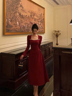 Simple A Line Square Neckline Long Sleeves Red Prom Dress Birthday Dresses