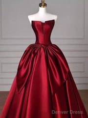 Simple A Line Strapless Burgundy Floor Length Prom Dress