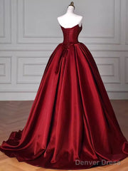 Simple A Line Strapless Burgundy Floor Length Prom Dress