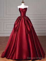 Simple A Line Strapless Burgundy Floor Length Prom Dress