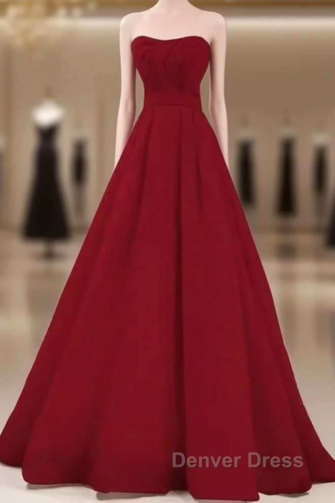 Simple A Line Strapless Long Red Prom Dresses Evening Dresses Main image