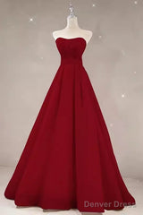 Simple A Line Strapless Long Red Prom Dress Evening Dress