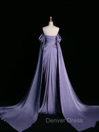 Simple A Line Strapless Sleeveless Satin Lilac Prom Dresses Long Prom Dresses