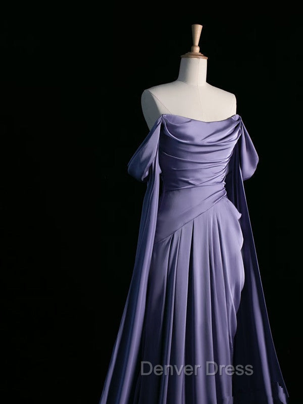 Simple A Line Strapless Sleeveless Satin Lilac Prom Dresses Long Prom Dresses