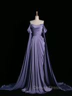 Simple A Line Strapless Sleeveless Satin Lilac Prom Dresses Long Prom Dresses