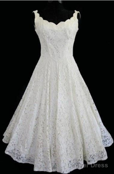 Simple A-Line Straps Jewel Knee-Length Lace Beach Wedding Dresses