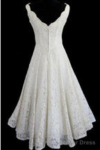 Simple A-Line Straps Jewel Knee-Length Lace Beach Wedding Dresses