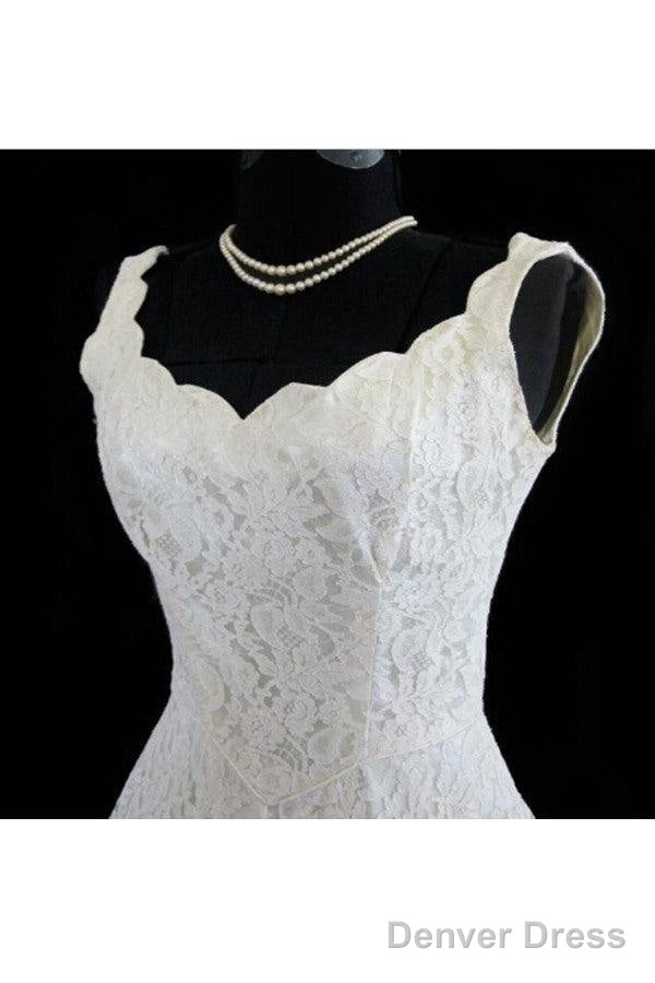 Simple A-Line Straps Jewel Knee-Length Lace Beach Wedding Dresses