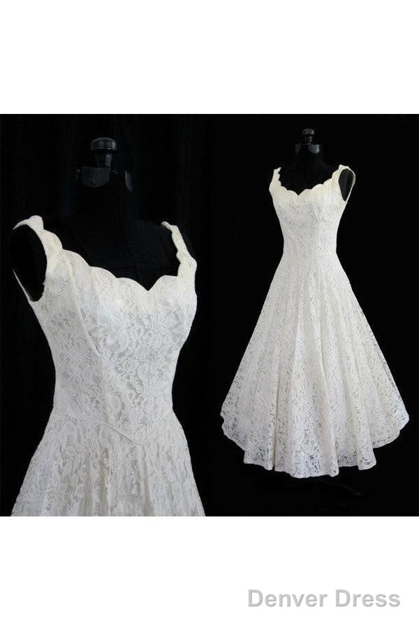 Simple A-Line Straps Jewel Knee-Length Lace Beach Wedding Dresses