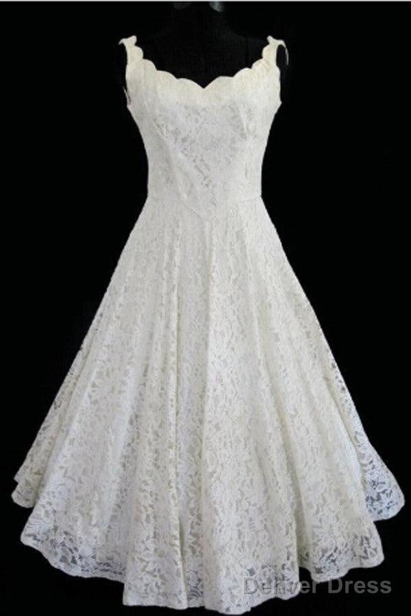 Simple A Line Straps Jewel Knee Length Lace Beach Wedding Dresses