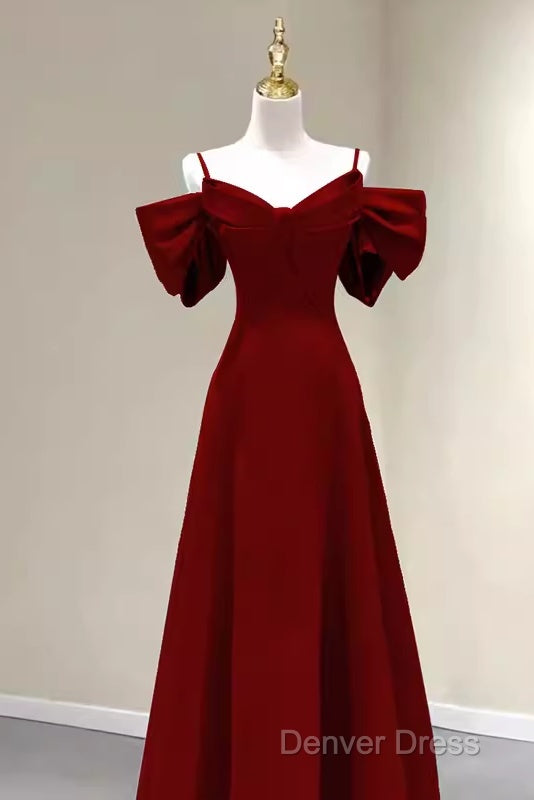 Simple A Line Straps Red Satin Long Prom Dresses Secondary image