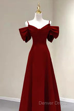 Simple A Line Straps Red Satin Long Prom Dresses