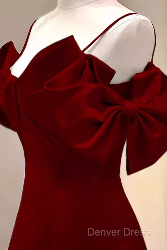 Simple A Line Straps Red Satin Long Prom Dresses