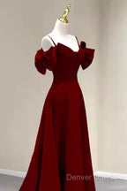 Simple A Line Straps Red Satin Long Prom Dresses