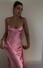 Simple A Line Straps Sleeveless Prom Dress Silk Satin Pink Prom Dresses