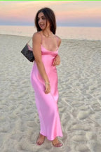 Simple A Line Straps Sleeveless Prom Dress Silk Satin Pink Prom Dresses
