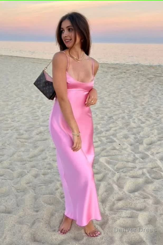 Simple A Line Straps Sleeveless Prom Dress Silk Satin Pink Prom Dresses