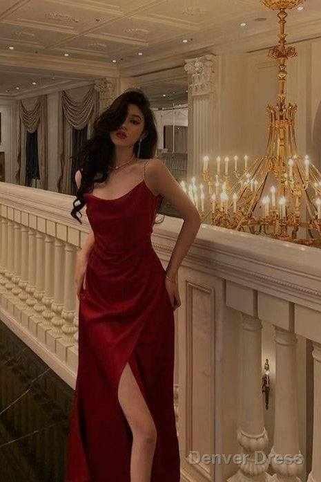 Simple A Line Straps Sleeveless Satin Red Prom Dresses Long Prom Dress Secondary image