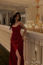 Simple A Line Straps Sleeveless Satin Red Prom Dresses Long Prom Dress