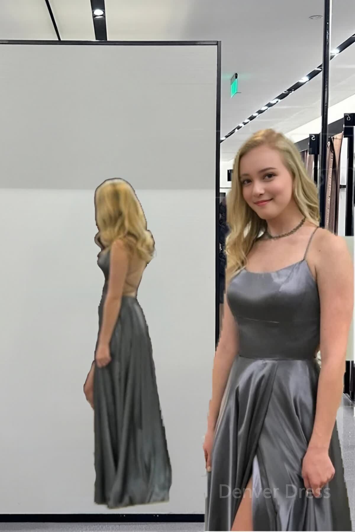 Simple A Line Stunning Long Prom Dresses, Gray Prom Gown With Slit Main image