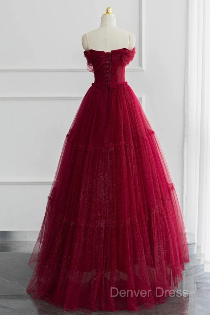 Simple A-Line Tulle Burgundy Long Prom Dresses
