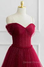 Simple A-Line Tulle Burgundy Long Prom Dresses