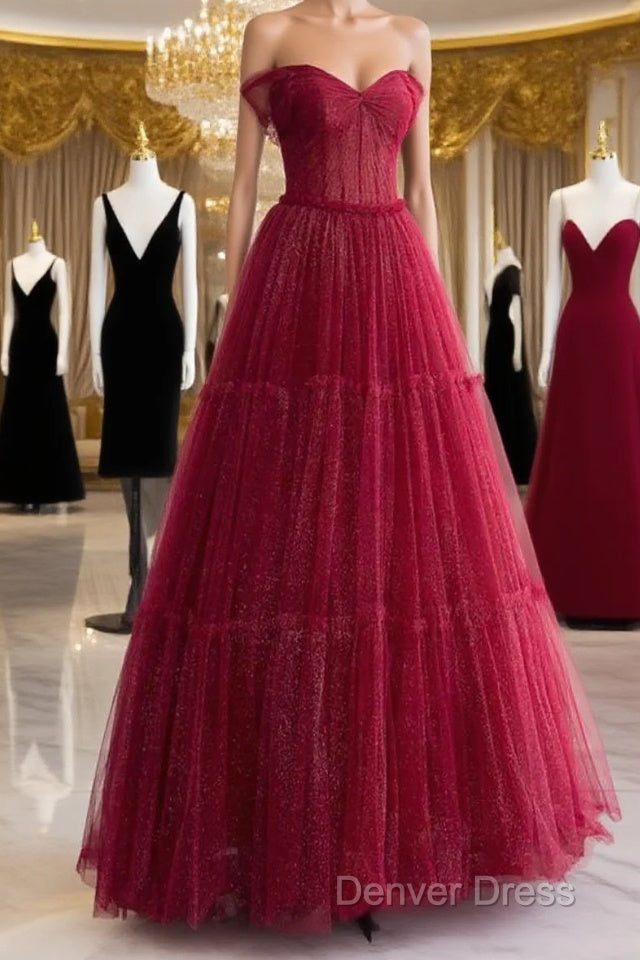 Simple A-Line Tulle Burgundy Long Prom Dresses