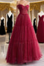 Simple A-Line Tulle Burgundy Long Prom Dresses