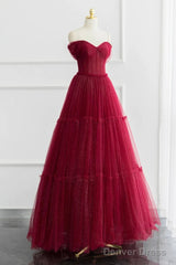 Simple A-Line Tulle Burgundy Long Prom Dress