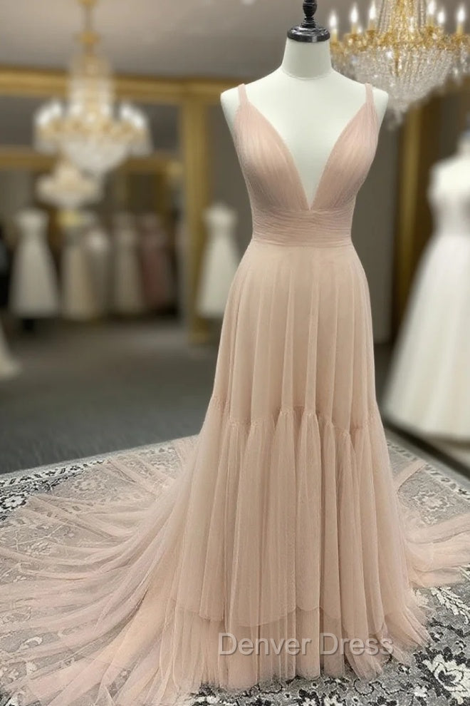 Simple A Line Tulle Champagne Long Prom Dresses, Champagne Evening Dresses Main image