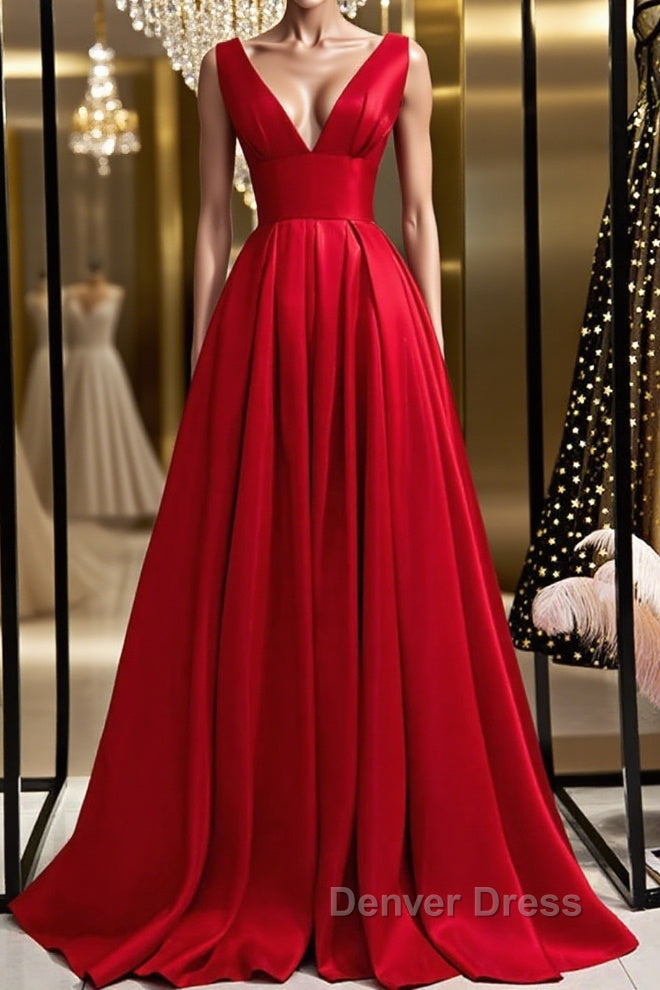 Simple A Line V Neck and V Back Red Satin Long Prom Dress, Cheap V Neck Red Prom Graduation Prom Dresses Main image