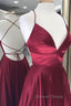 Simple A Line V Neck Backless Burgundy Long Prom Dress, Backless Burgundy Prom Graduation Prom Dresses