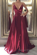 Simple A Line V Neck Backless Burgundy Long Prom Dress, Backless Burgundy Prom Graduation Prom Dresses
