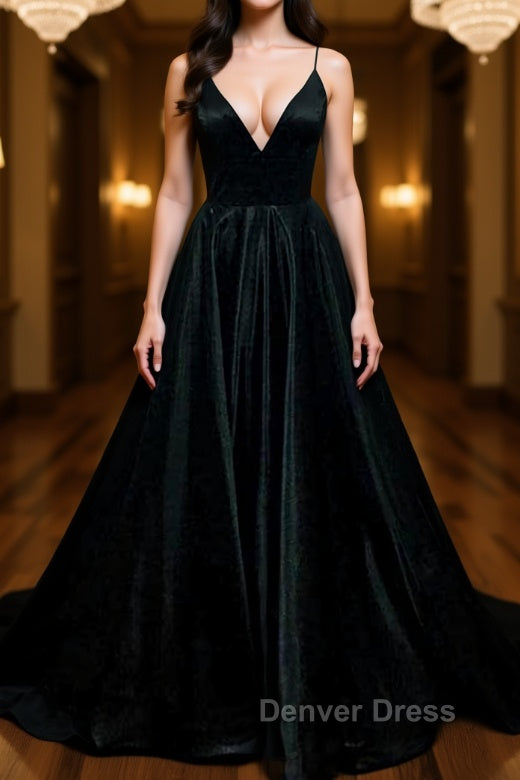Simple A Line V Neck Black Satin Long Prom Dress, Black Prom Dress 2026 Main image