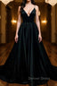 Simple A Line V Neck Black Satin Long Prom Dress, Black Prom Dress 2026